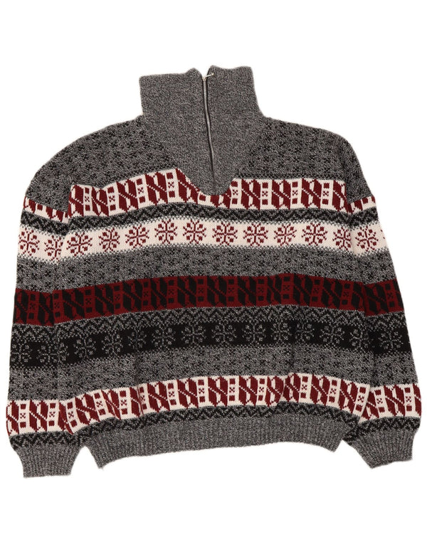 Vintage Womens Zip Neck Jumper Sweater UK 14 Medium Grey Fair Isle