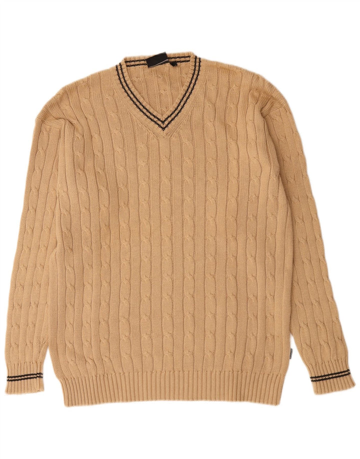 Vintage Mens V-Neck Jumper Sweater Large Beige Cotton