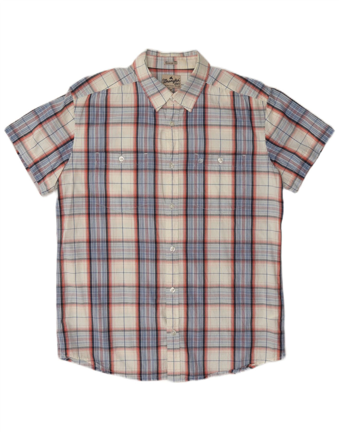 Wrangler Mens Short Sleeve Regular Fit Shirt Medium Off White Plaid Cotton