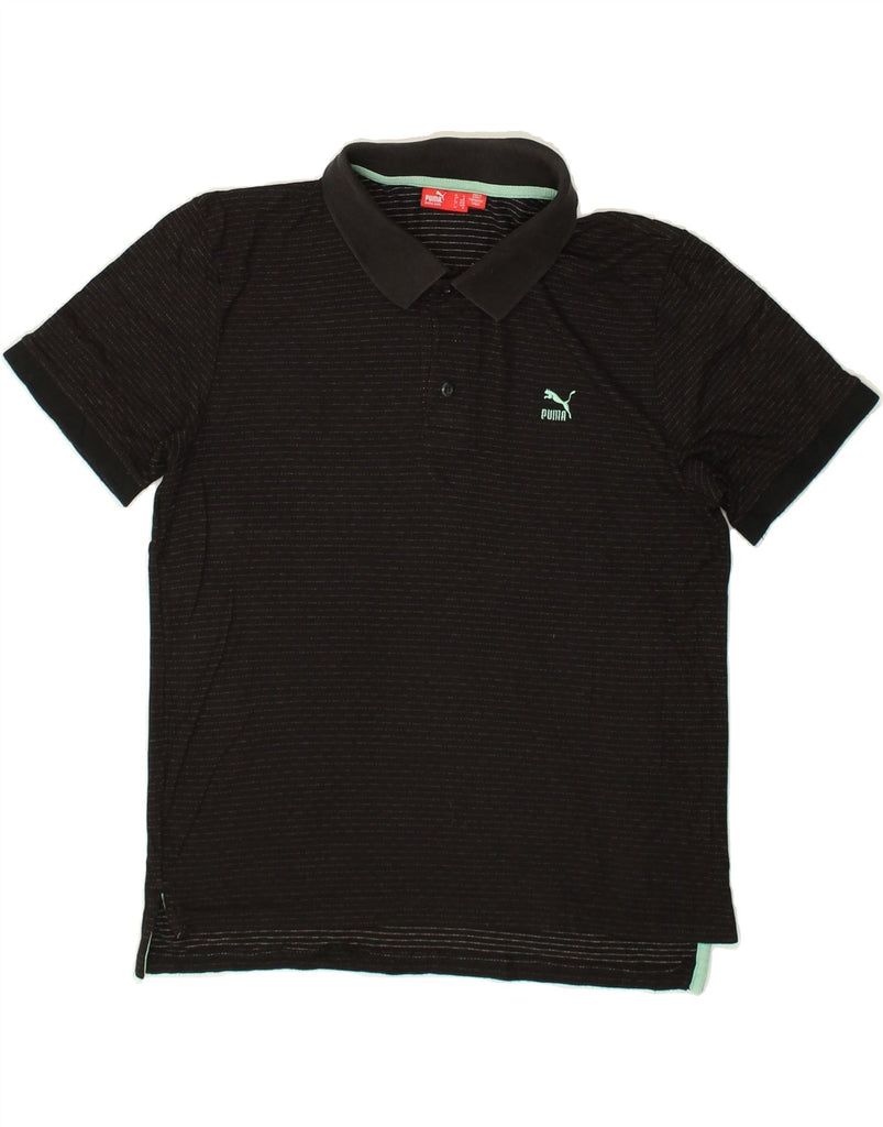 PUMA Mens Graphic Polo Shirt Medium Black Striped | Vintage Puma | Thrift | Second-Hand Puma | Used Clothing | Messina Hembry 