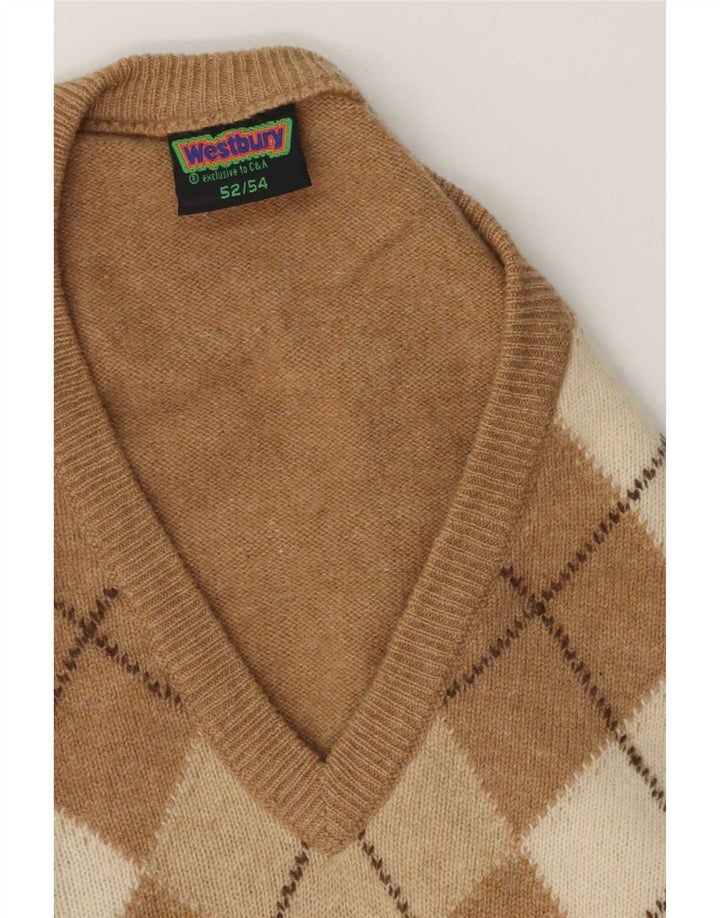 WESTBURY Mens V-Neck Jumper Sweater IT 52/54 Large Beige Argyle/Diamond