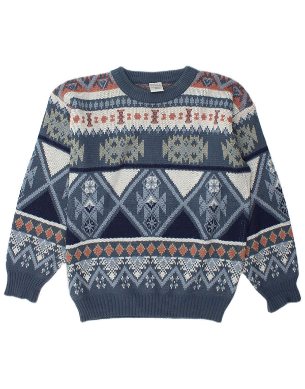 Vintage Mens Loose Fit Crew Neck Jumper Sweater UK 34/36 XS Blue Fair Isle