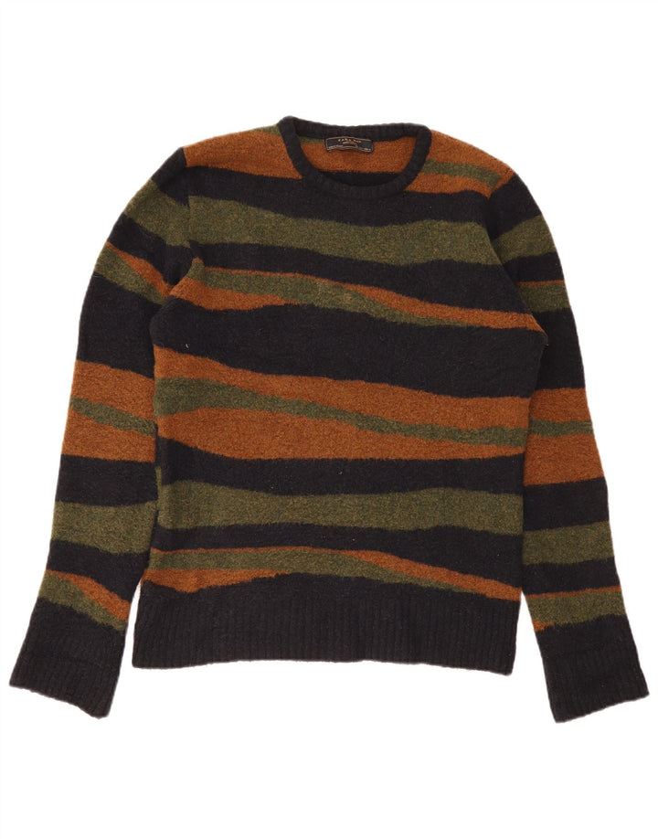 Zara Mens Crew Neck Jumper Sweater Large Multicoloured Striped Acrylic