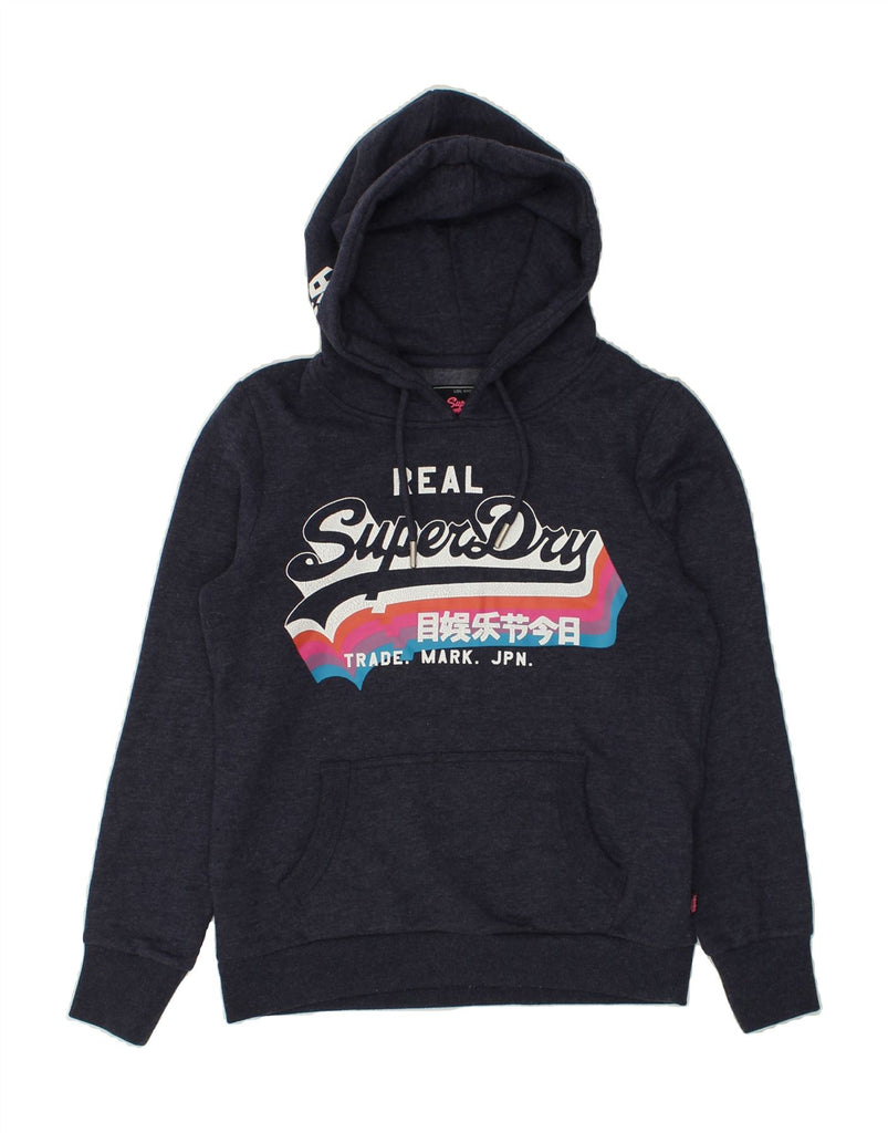 SUPERDRY Womens Graphic Hoodie Jumper UK 12 Medium Navy Blue Cotton | Vintage Superdry | Thrift | Second-Hand Superdry | Used Clothing | Messina Hembry 