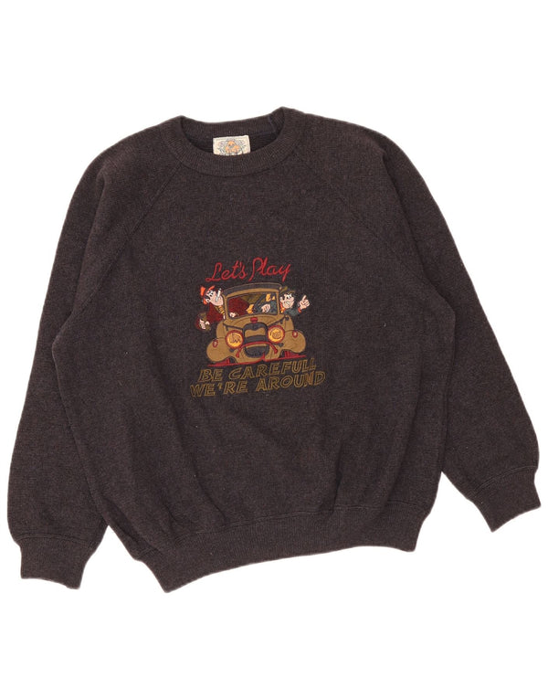Vintage Womens Graphic Crew Neck Jumper Sweater UK 14 Large Grey Wool