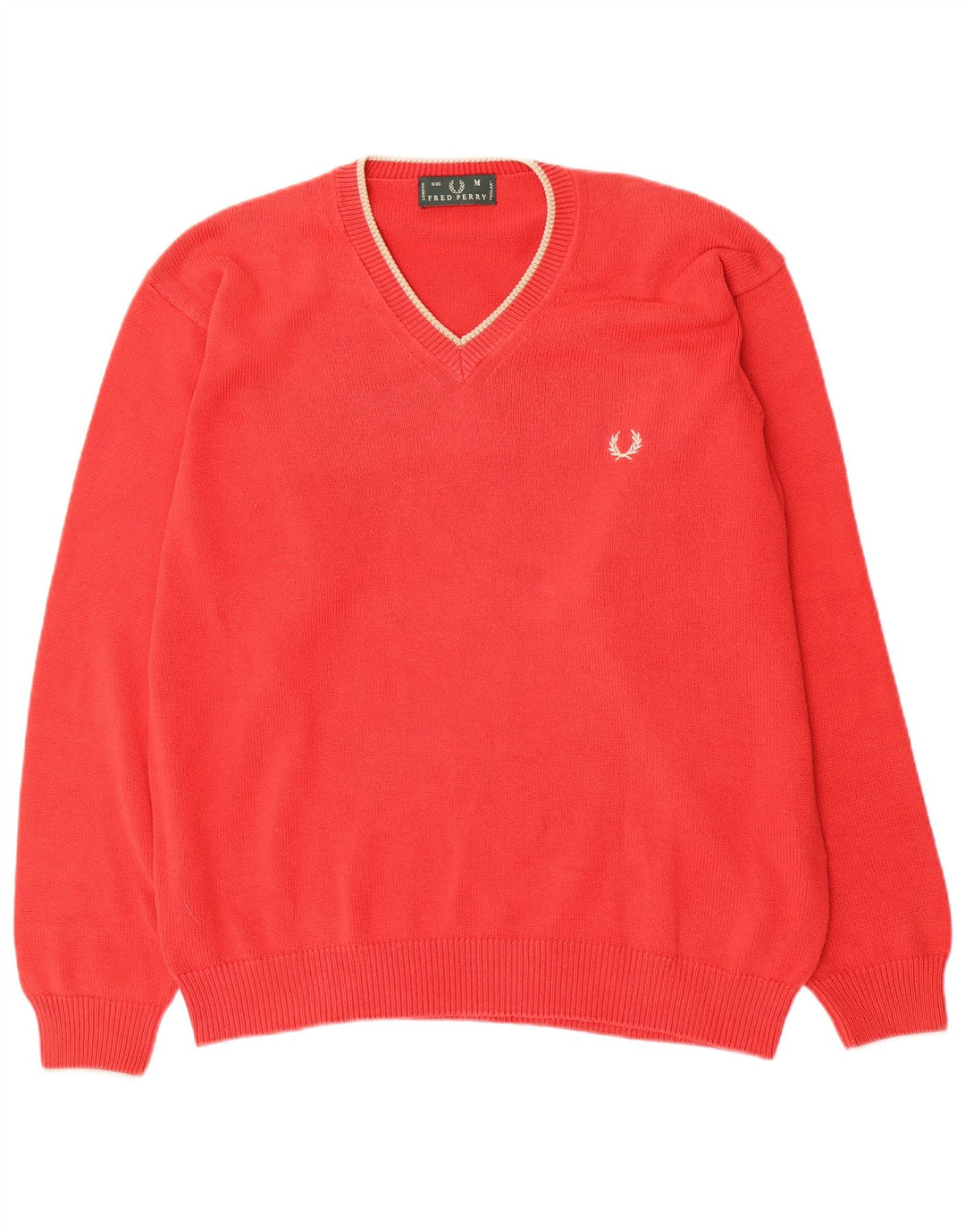 FRED PERRY Mens V-Neck Jumper Sweater Medium Red Cotton