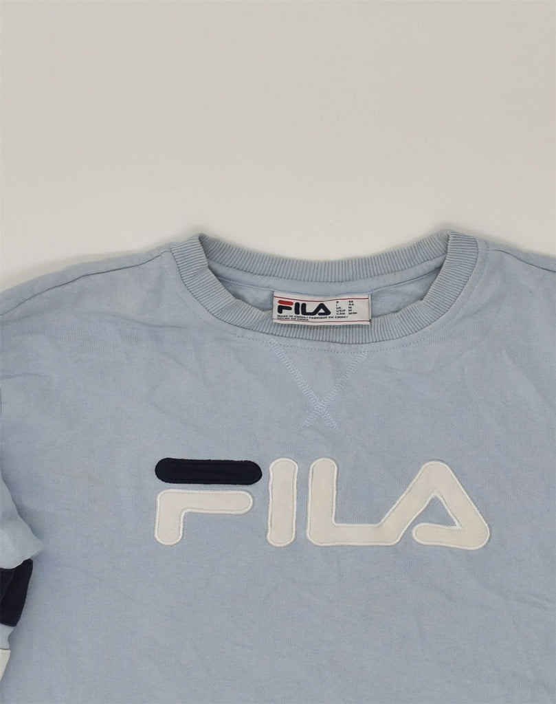 FILA Womens Graphic Sweatshirt Jumper UK 14 Medium Blue Cotton | Vintage Fila | Thrift | Second-Hand Fila | Used Clothing | Messina Hembry 