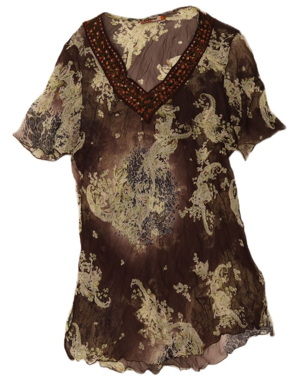 Vintage Womens Short Sleeve Tunic Dress UK 14 Medium Brown Floral