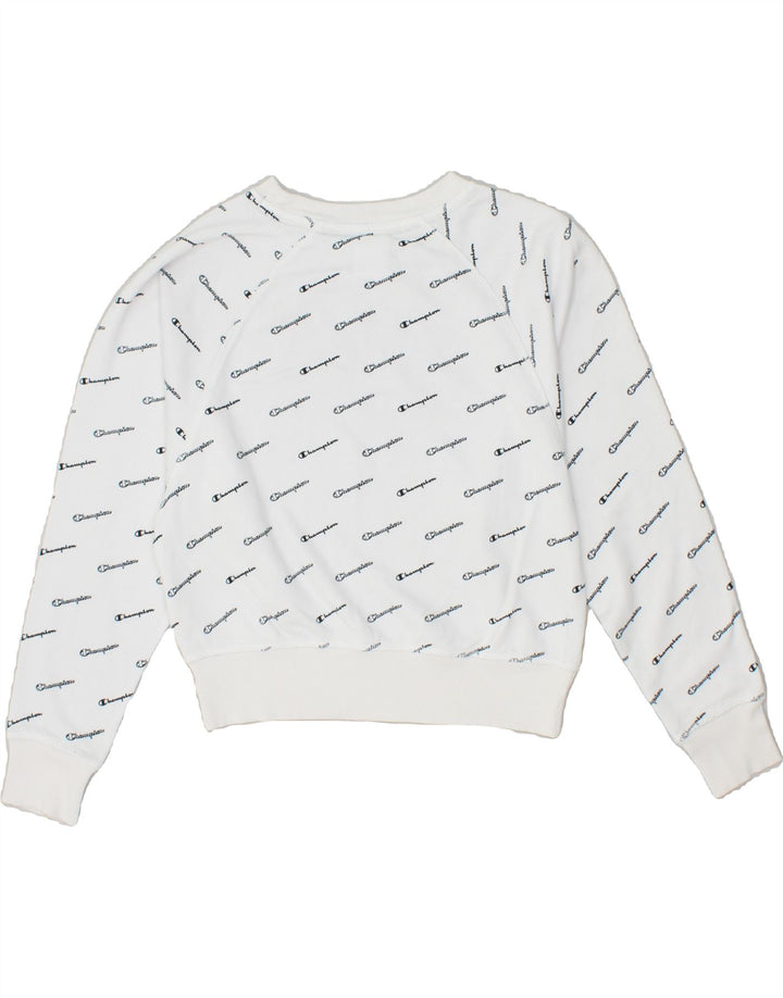 CHAMPION Womens Oversized Crop Graphic Sweatshirt Jumper UK 6 XS White | Vintage Champion | Thrift | Second-Hand Champion | Used Clothing | Messina Hembry 