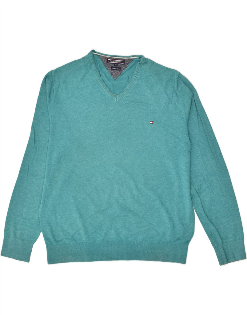 TOMMY HILFIGER Mens V-Neck Jumper Sweater XL Turquoise Cotton | Vintage Tommy Hilfiger | Thrift | Second-Hand Tommy Hilfiger | Used Clothing | Messina Hembry 