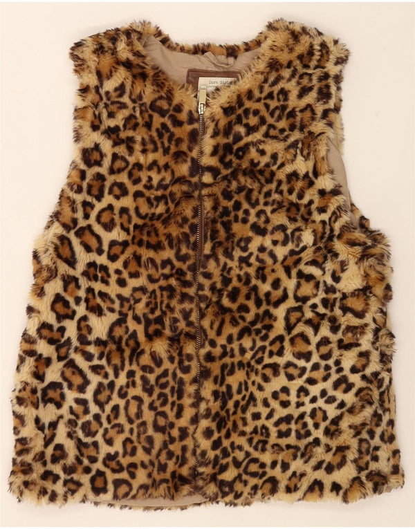 ZARA Girls Faux Fur Gilet 13-14 Years Brown Animal Print Polyester
