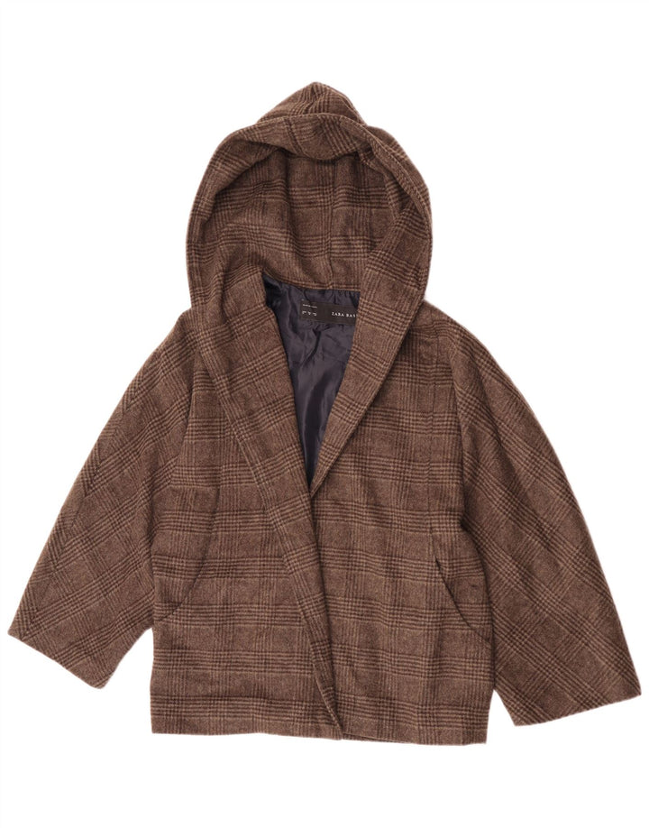 Zara Womens Hooded Open Bomber Jacket UK 14 Medium Brown Check Polyester