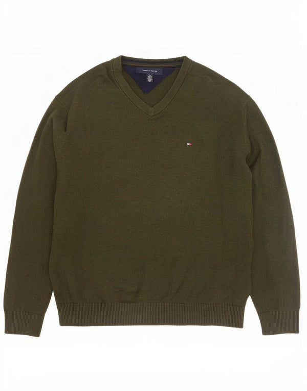 Tommy Hilfiger Mens V-Neck Jumper Sweater XL Khaki Cotton