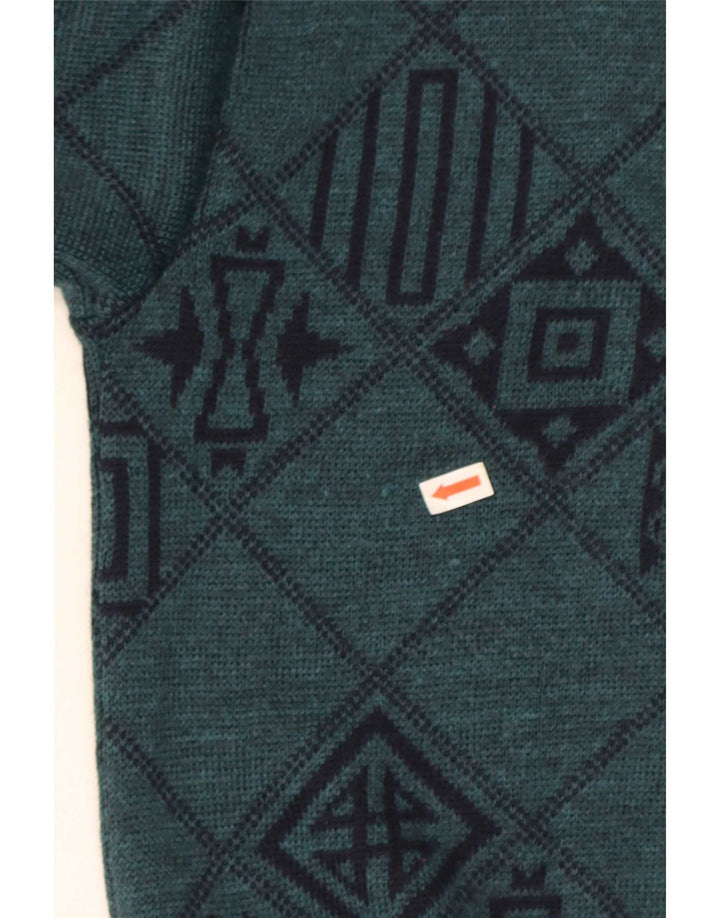 Lewinger Mens V-Neck Jumper Sweater Medium Green Geometric Wool