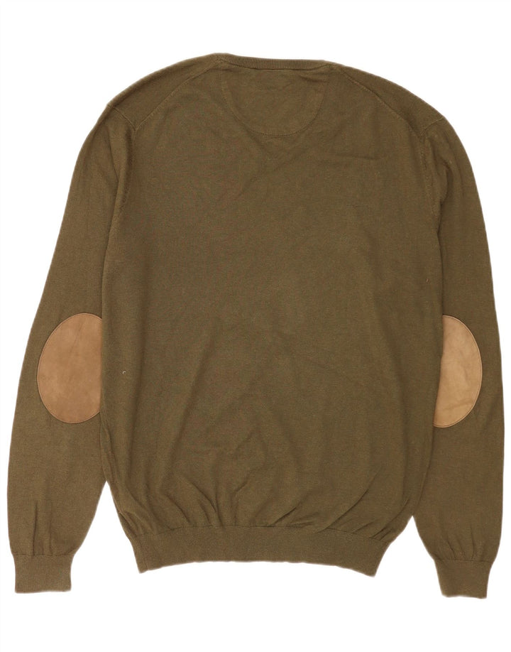 Massimo Dutti Mens V-Neck Jumper Sweater XL Khaki Cotton
