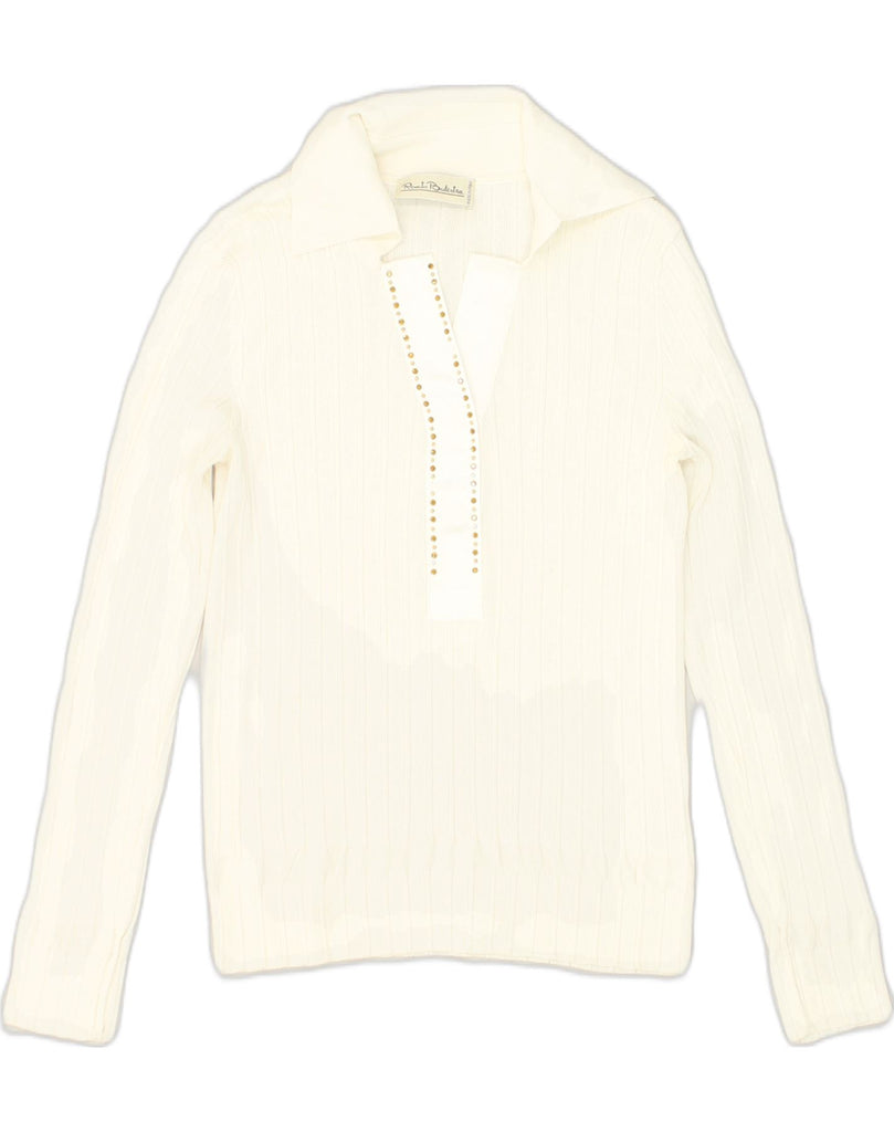 RENATO BALESTRA Womens Polo Neck Jumper Sweater IT 44 Medium White Viscose | Vintage Renato Balestra | Thrift | Second-Hand Renato Balestra | Used Clothing | Messina Hembry 