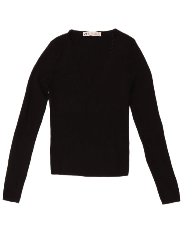 Zara Womens Crop Top Long Sleeve UK 12 Medium Black Viscose