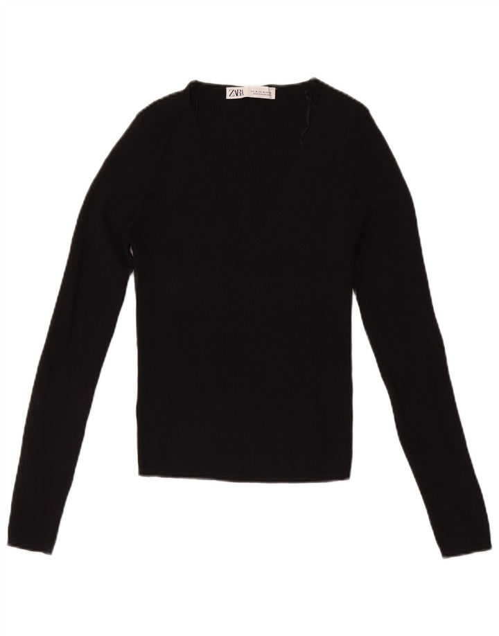 Zara Womens Crop Top Long Sleeve UK 12 Medium Black Viscose