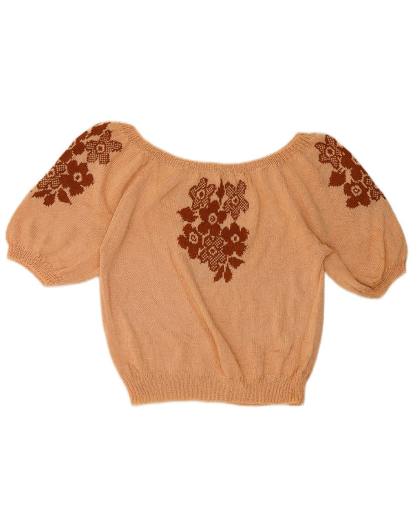 Vintage Womens Knit Crop Off Shoulder Top UK 14 Medium Pink Floral