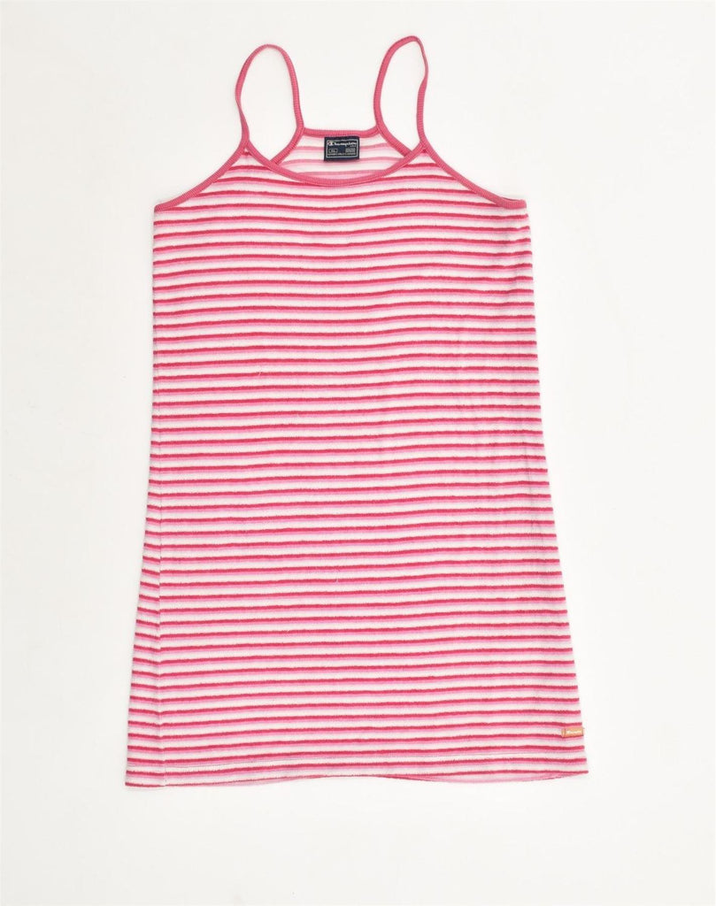 CHAMPION Girls Basic Dress 13-14 Years Pink Striped Polyester | Vintage Champion | Thrift | Second-Hand Champion | Used Clothing | Messina Hembry 