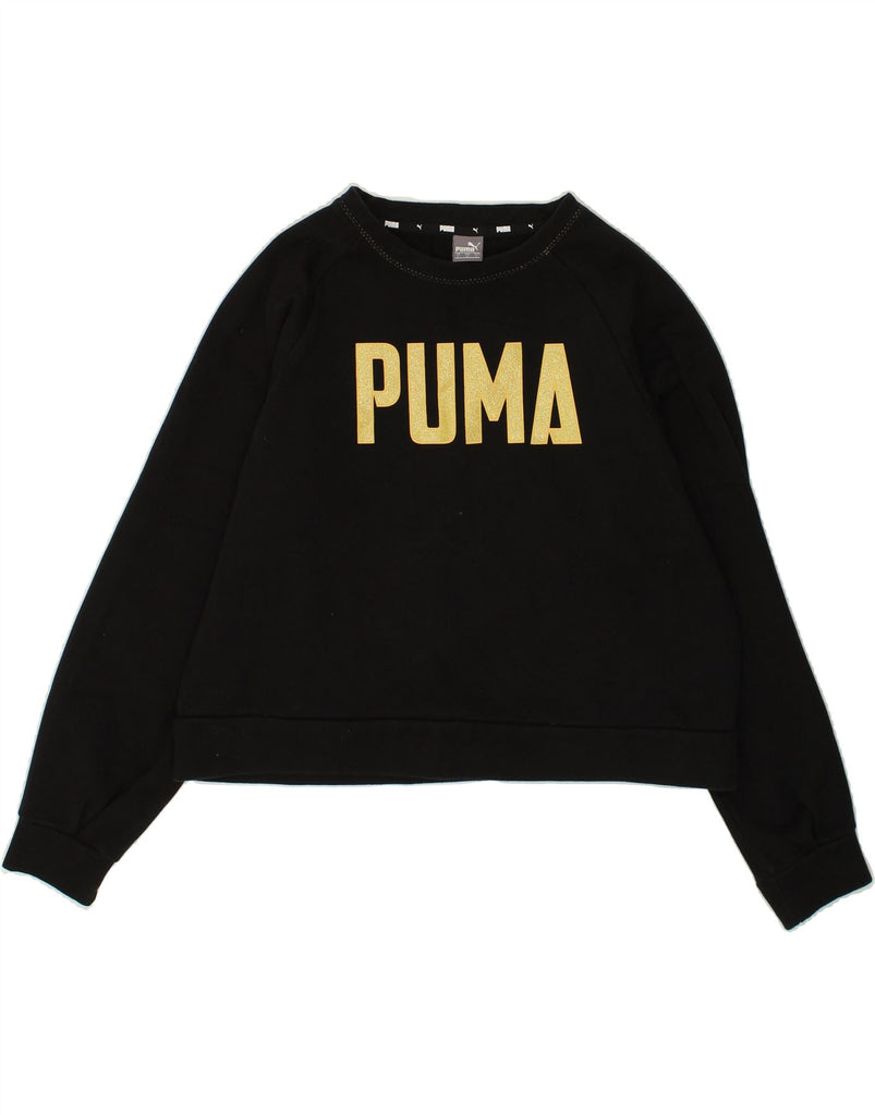 PUMA Womens Crop Graphic Sweatshirt Jumper UK 14  Large Black | Vintage Puma | Thrift | Second-Hand Puma | Used Clothing | Messina Hembry 