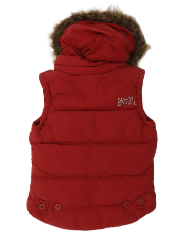 Superdry Womens Hooded Padded Gilet UK 14 Medium Red Cotton