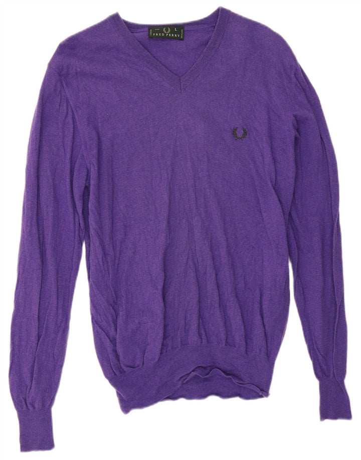 Fred Perry Mens V-Neck Jumper Sweater Large Purple
