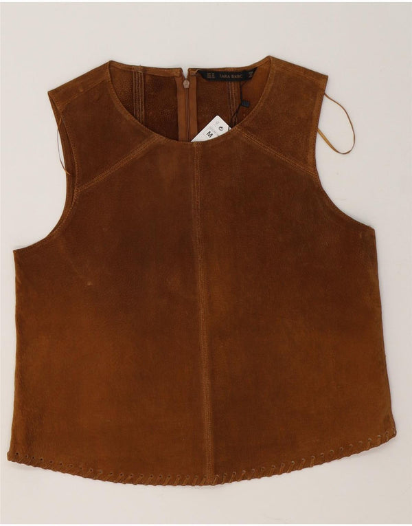Zara Womens Sleeveless Suede Blouse Top UK 14 Medium Brown Leather
