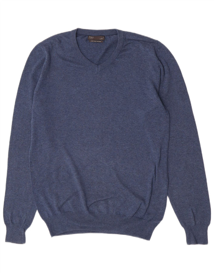 Marks & Spencer Mens V-Neck Jumper Sweater Medium Blue Cotton