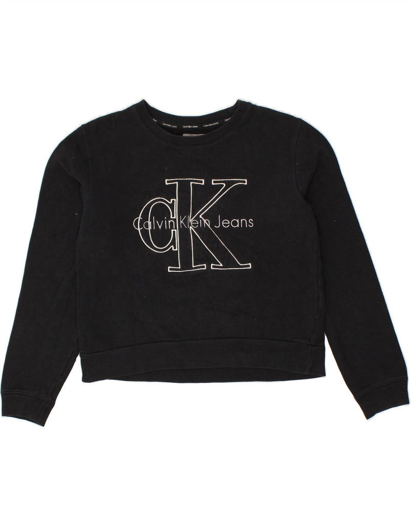 CALVIN KLEIN Womens Graphic Crop Sweatshirt Jumper UK 6 XS Black Cotton | Vintage Calvin Klein | Thrift | Second-Hand Calvin Klein | Used Clothing | Messina Hembry 