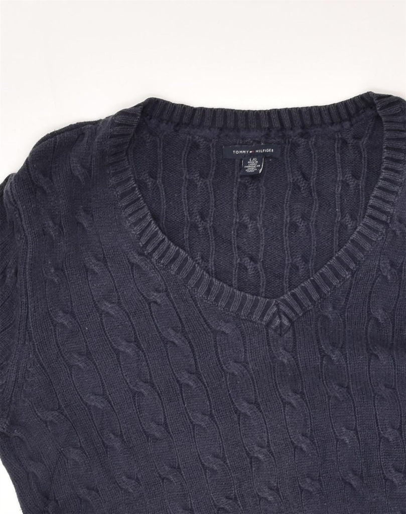 TOMMY HILFIGER Womens V-Neck Jumper Sweater UK 14 Large Navy Blue Cotton | Vintage Tommy Hilfiger | Thrift | Second-Hand Tommy Hilfiger | Used Clothing | Messina Hembry 