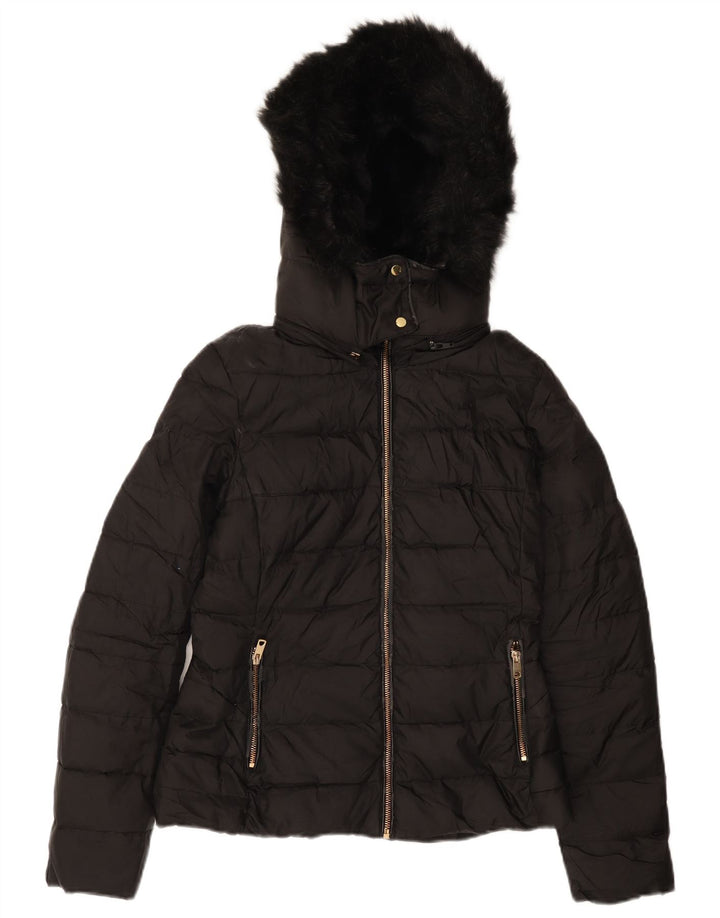 Zara Womens Hooded Padded Jacket UK 10 Small Black Polyester