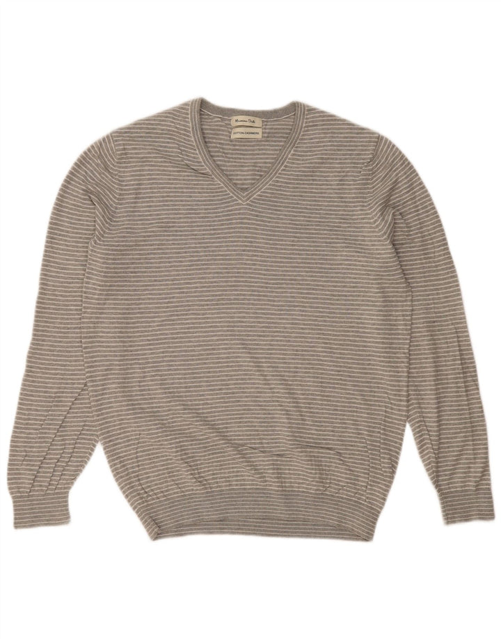 MASSIMO DUTTI Mens V-Neck Jumper Sweater Large Grey Striped Cotton
