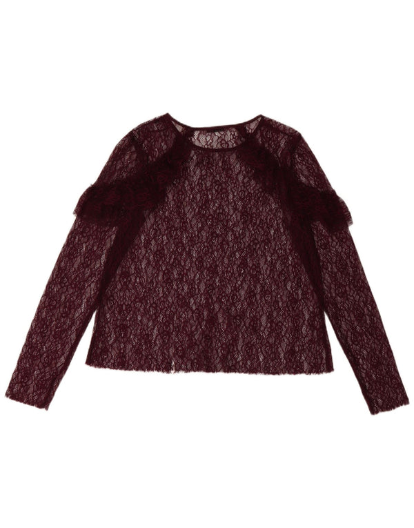 Zara Womens Long Sleeve See Through Top UK 12 Medium Burgundy Floral