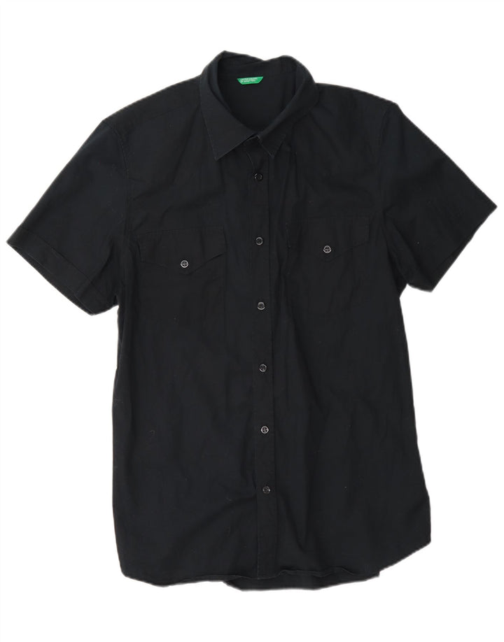 Benetton Mens Short Sleeve Shirt Large Navy Blue Cotton