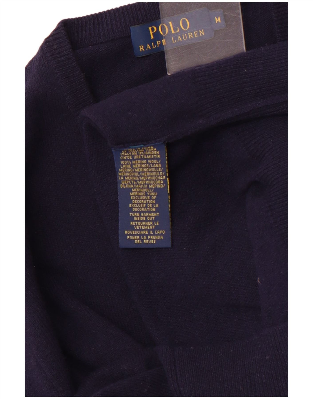POLO RALPH LAUREN Mens V-Neck Jumper Sweater Medium Navy Blue Merino Wool