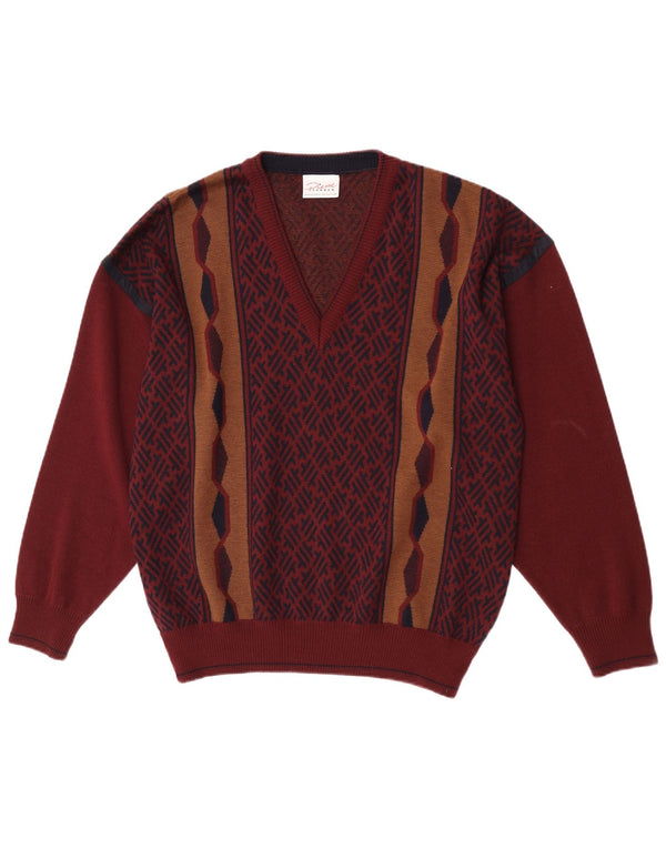 Pierre Sangan Mens V-Neck Jumper Sweater Large Burgundy Geometric