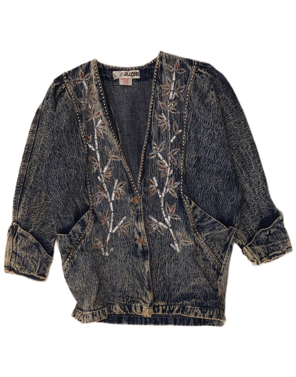 JAZZINO Womens 3/4 Sleeve Oversized Denim Jacket UK 18 XL Blue Floral