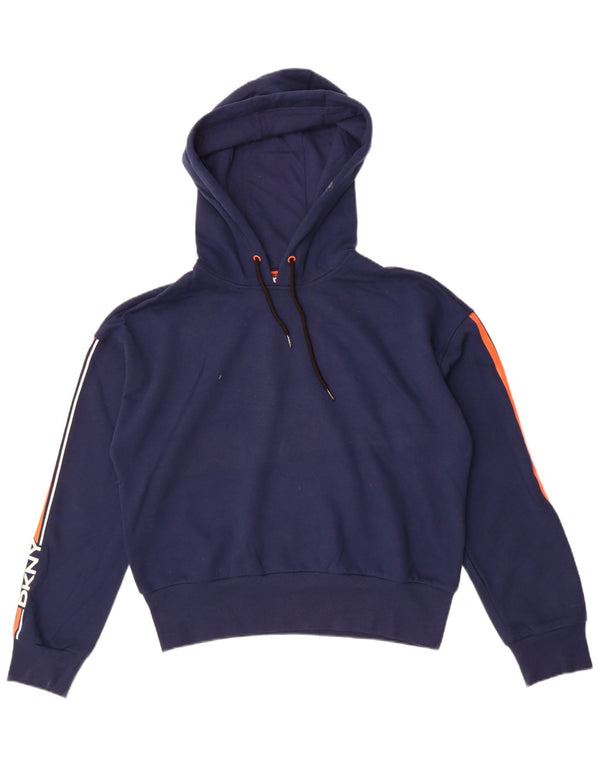 Dkny Womens Crop Graphic Hoodie Jumper UK 14 Medium Navy Blue Colourblock