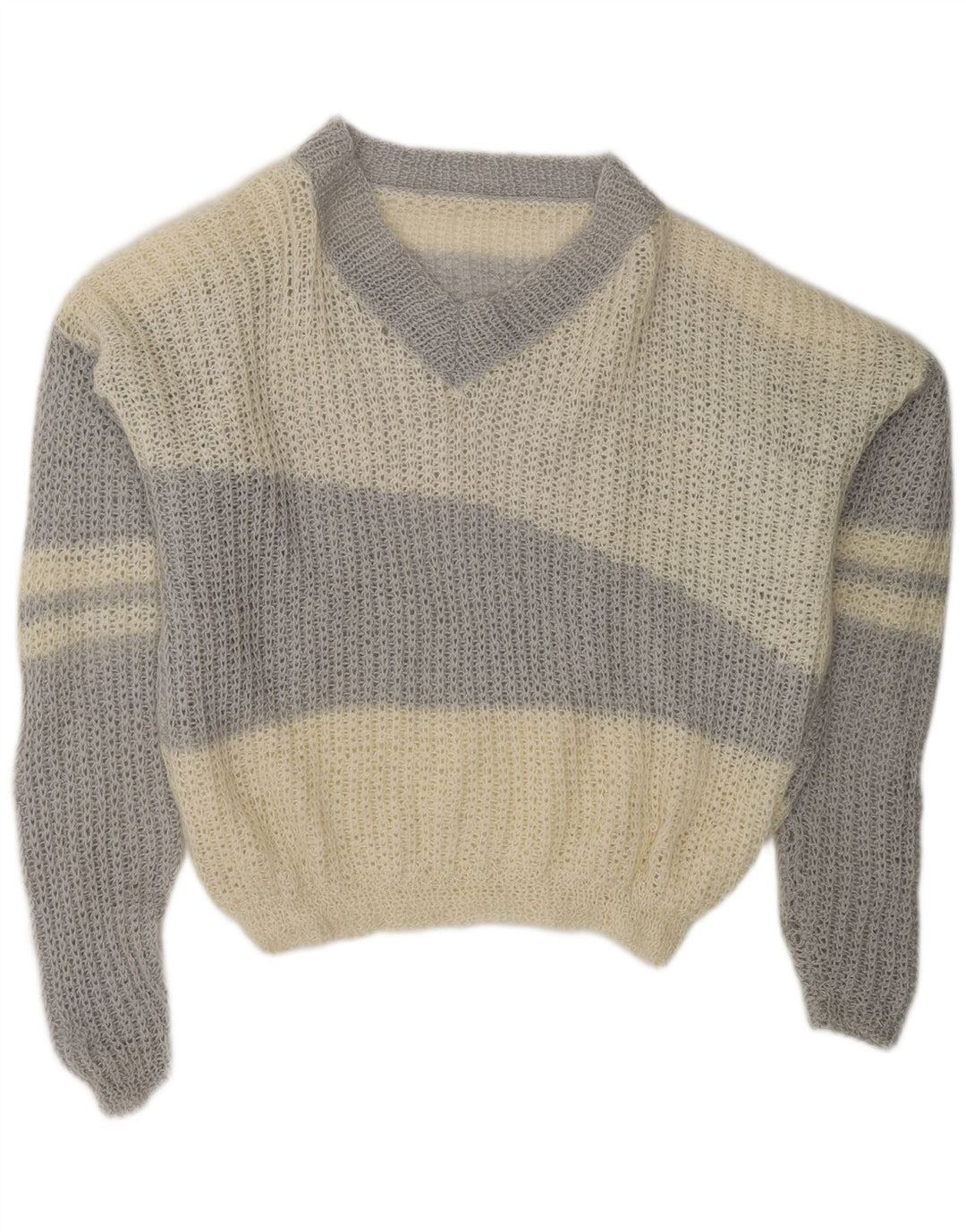 VINTAGE Womens V-Neck Jumper Sweater UK 20 2XL Off White Colourblock