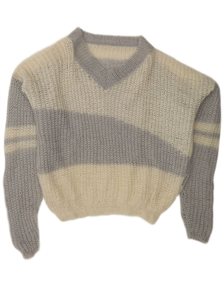 VINTAGE Womens V-Neck Jumper Sweater UK 20 2XL Off White Colourblock