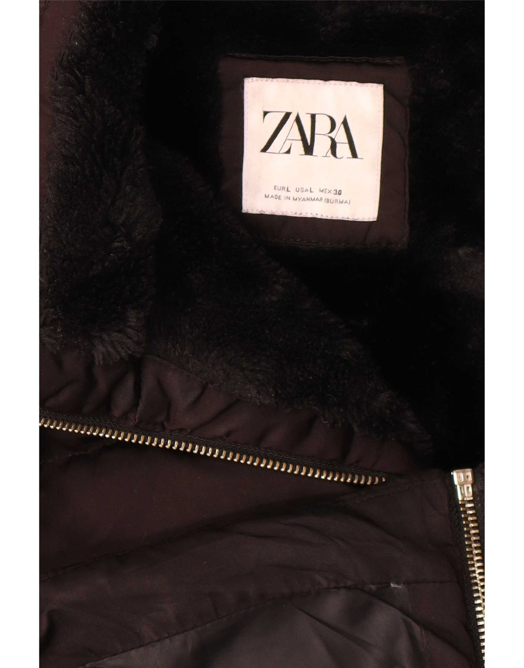 Zara Womens Hooded Sherpa Padded Jacket UK 16 Large Black
