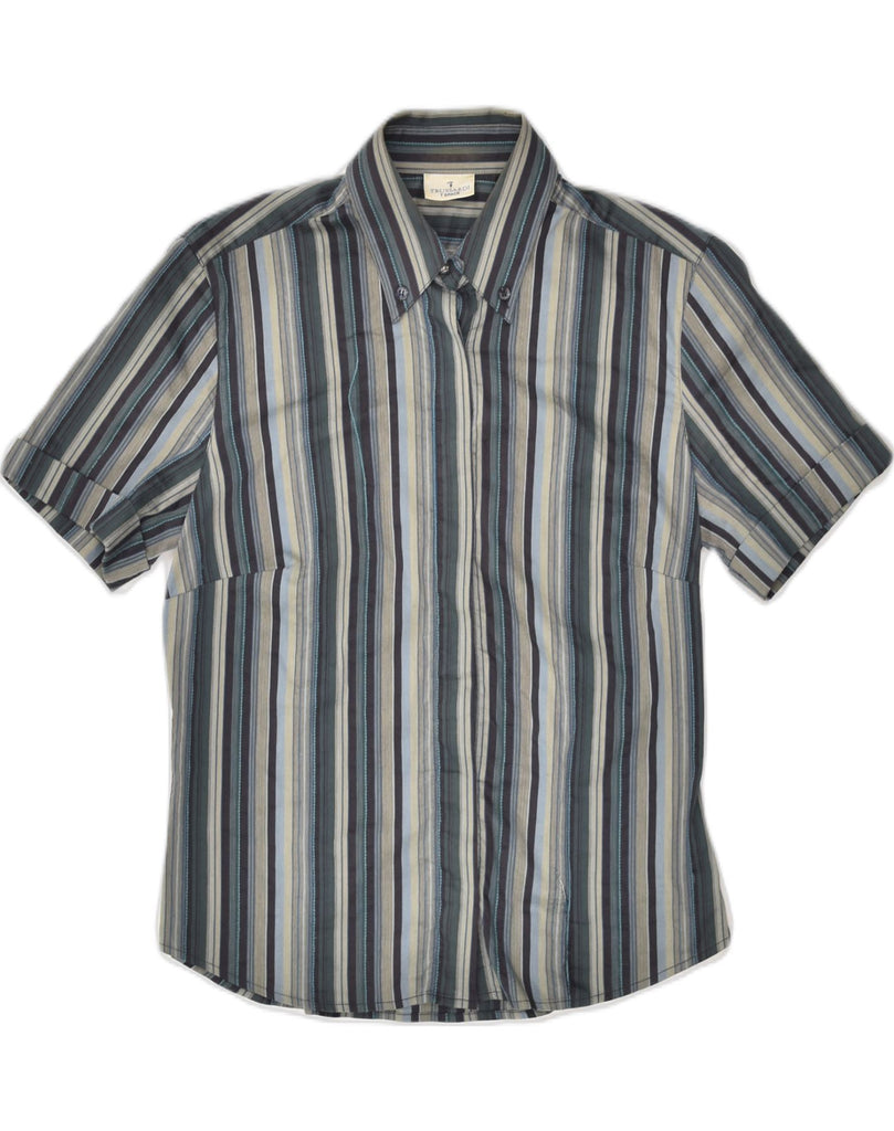 TRUSSARDI Womens Short Sleeve Shirt UK 12 Medium Grey Striped Cotton | Vintage Trussardi | Thrift | Second-Hand Trussardi | Used Clothing | Messina Hembry 