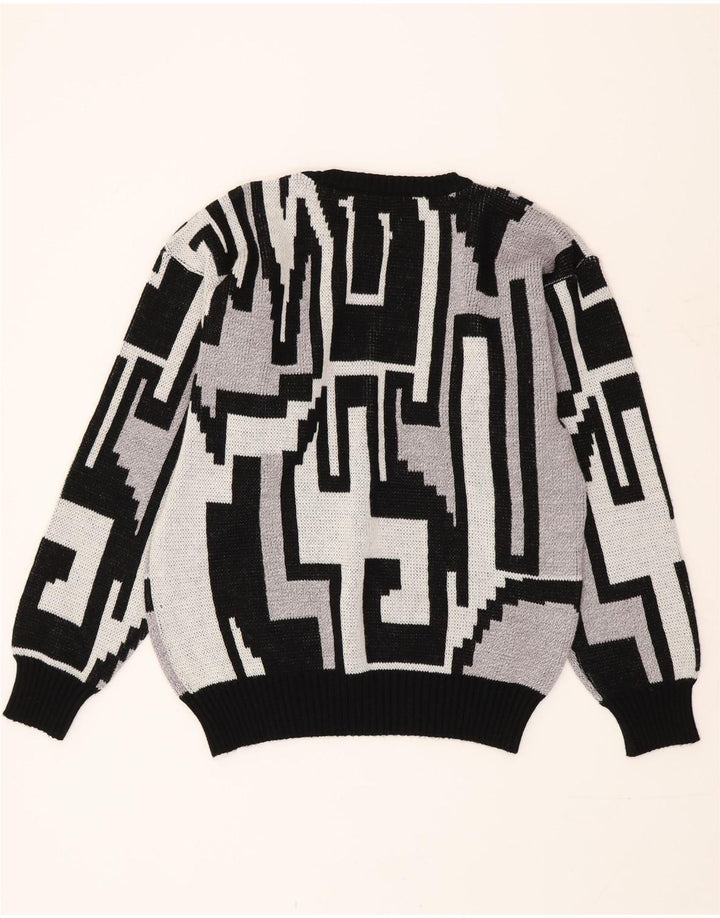 Vintage Mens Crew Neck Jumper Sweater Medium Grey Geometric