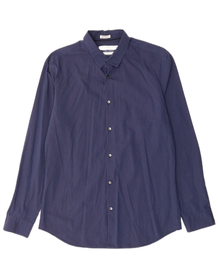 CALVIN KLEIN Mens Shirt Size 15 15 1/2 Medium Navy Blue Pinstripe Cotton