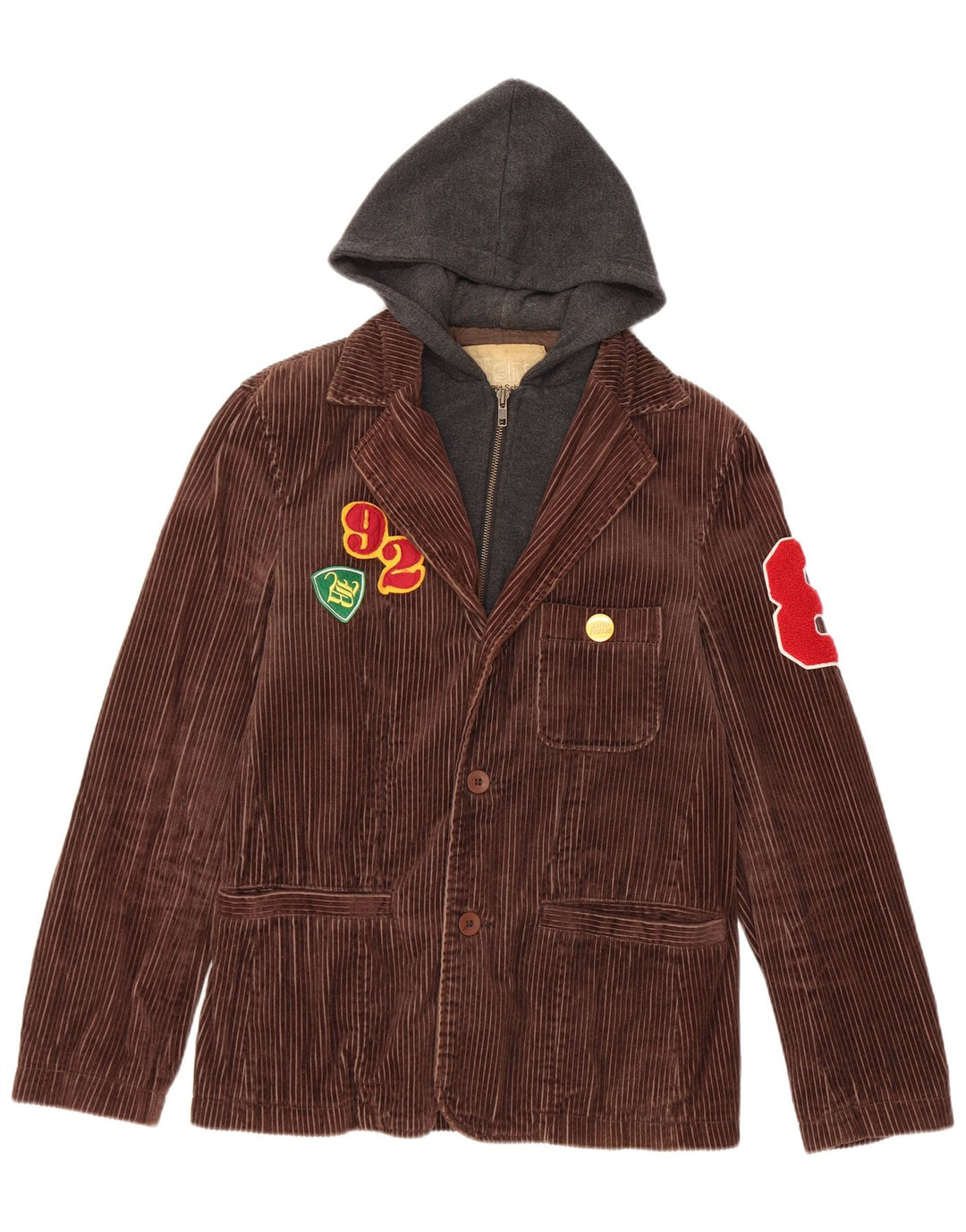 Blend Womens Graphic Hooded Corduroy Jacket UK 36 Small Brown Cotton