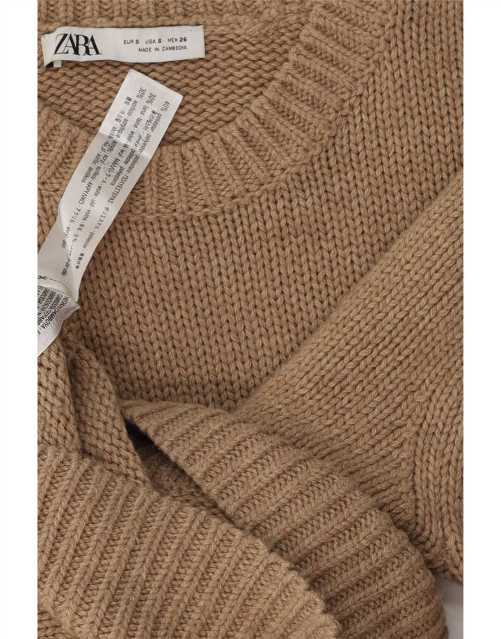 Zara Womens Oversized Crew Neck Jumper Sweater UK 10 Small Brown Polyester