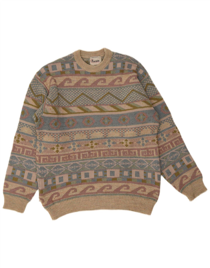 Vintage Mens Crew Neck Jumper Sweater Large Multicoloured Geometric Retro