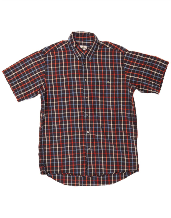 Lacoste Mens Short Sleeve Shirt Size 40 Medium Navy Blue Check Cotton