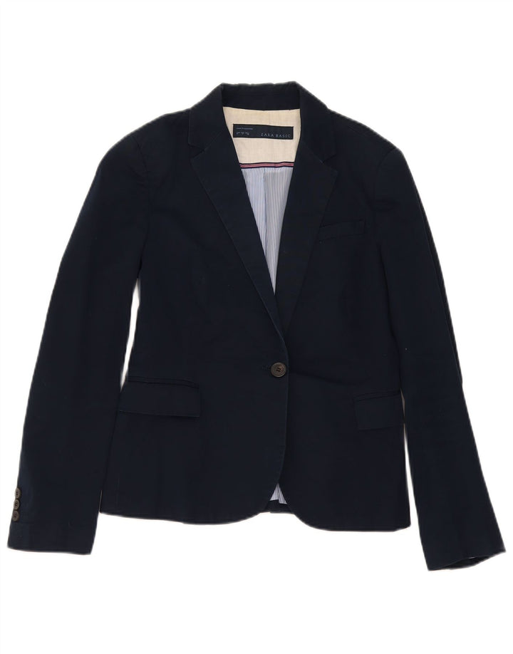 Zara Womens 1 Button Blazer Jacket UK 12 Medium Navy Blue Cotton